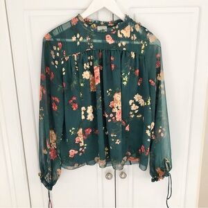 Aritzia Wilfred XS Paula Blouse Forrest Emerald Green Floral Rose Sheer Layers